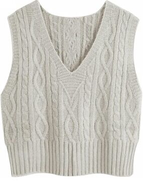 Zara Cream Cable-Knit V-Neck Sweater Vest Sz small crop